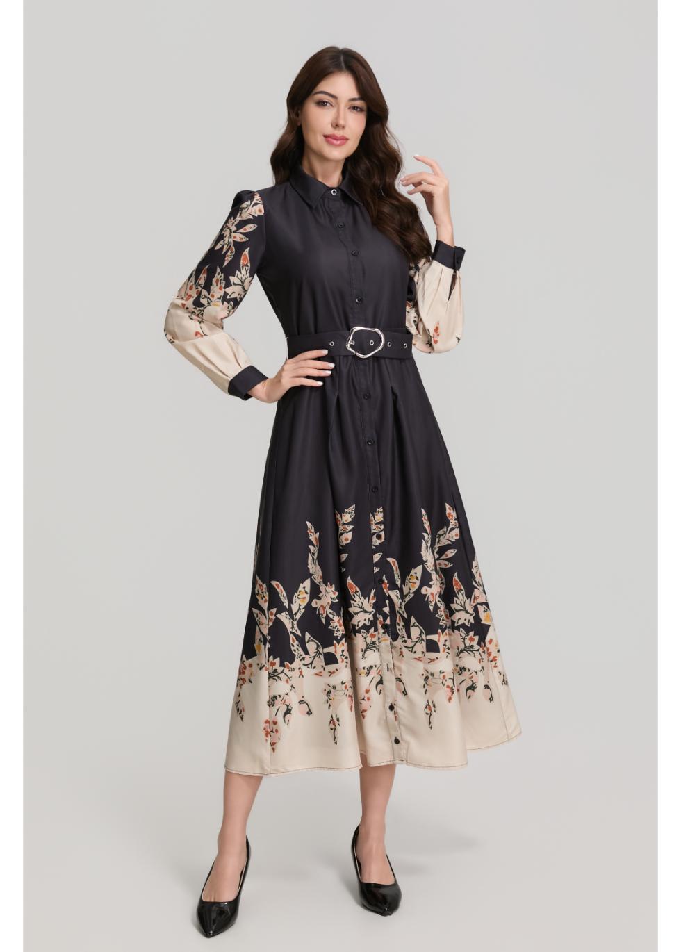 Border Print Long Sleeve Shirt Dress with Belt