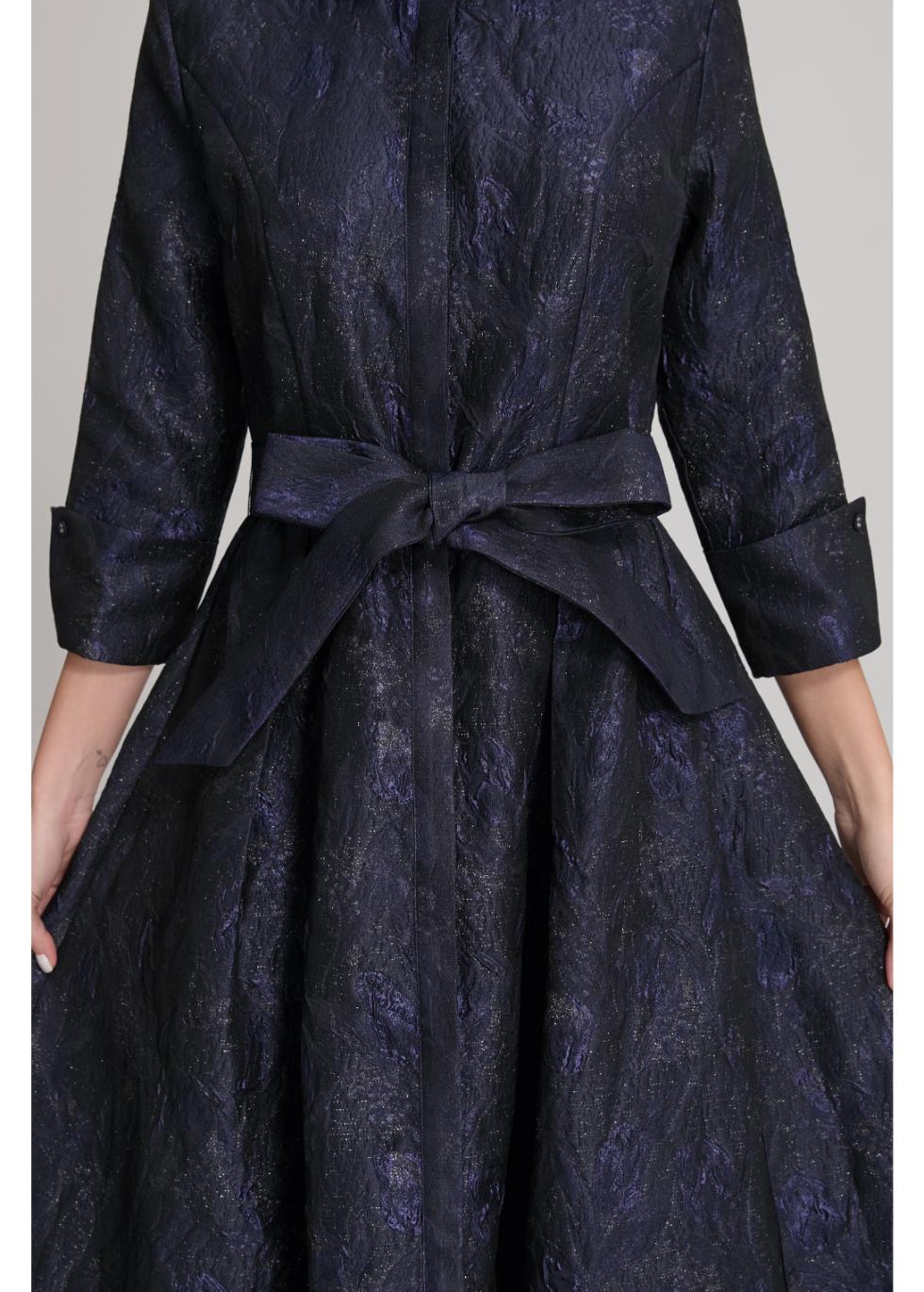 Metallic Navy Jacquard Long Sleeve Maxi Shirt Dress with Sash
