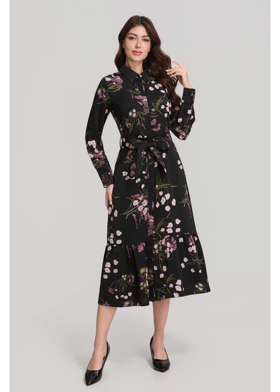 Floral Print Long Sleeve Shirt Dress with Matching Belt