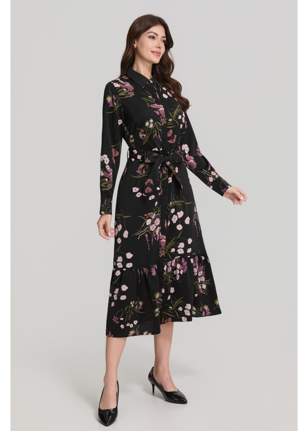 Floral Print Long Sleeve Shirt Dress with Matching Belt