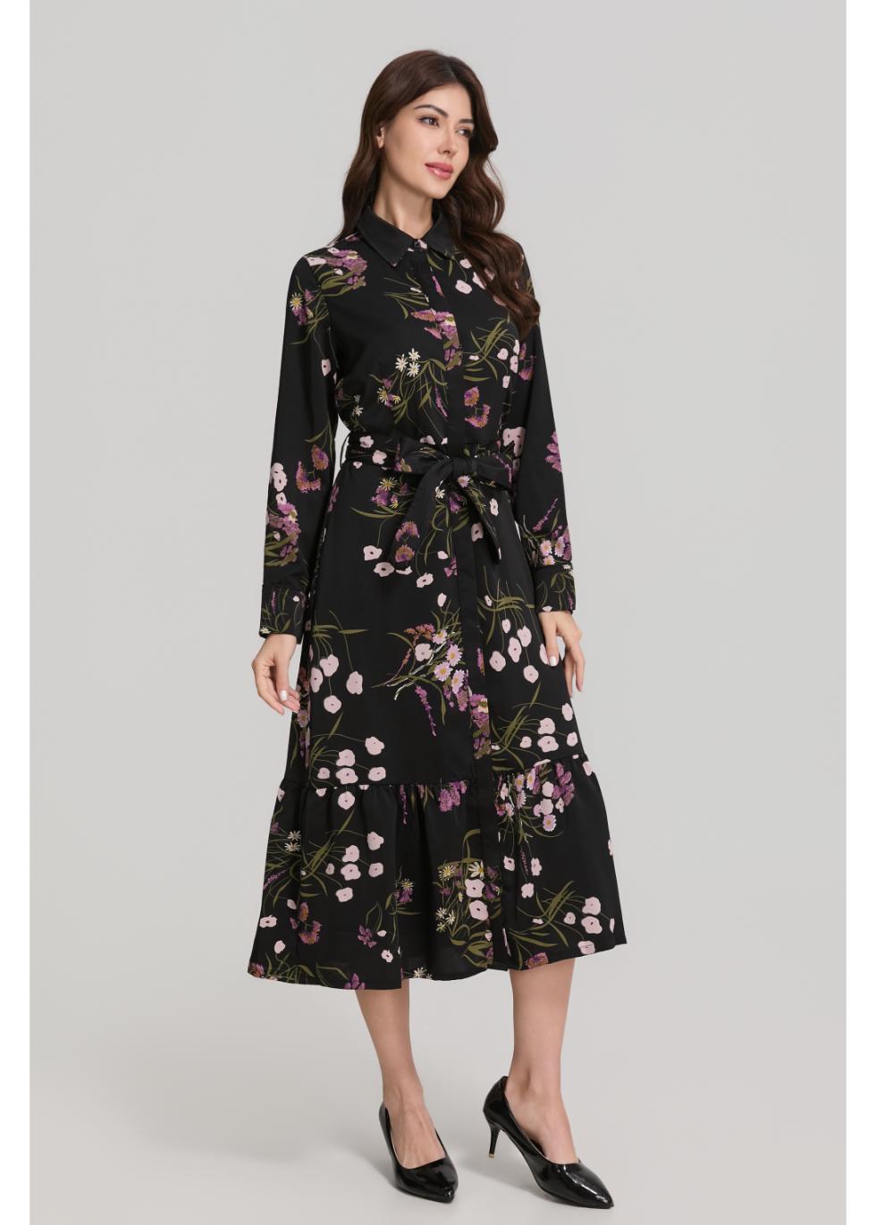 Floral Print Long Sleeve Shirt Dress with Matching Belt