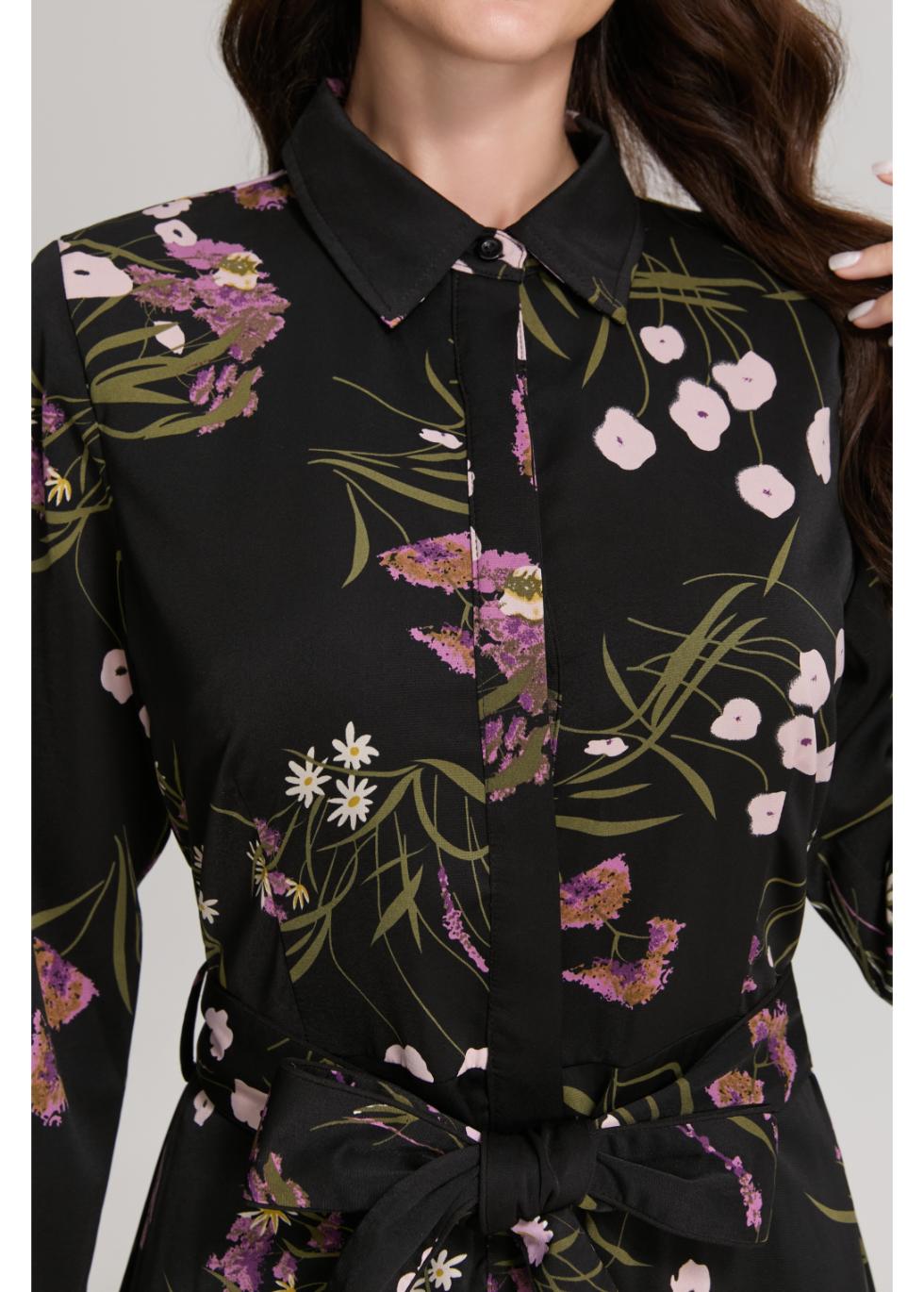 Floral Print Long Sleeve Shirt Dress with Matching Belt