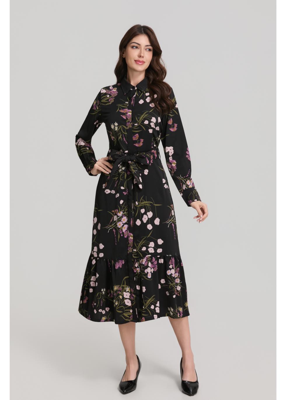 Floral Print Long Sleeve Shirt Dress with Matching Belt