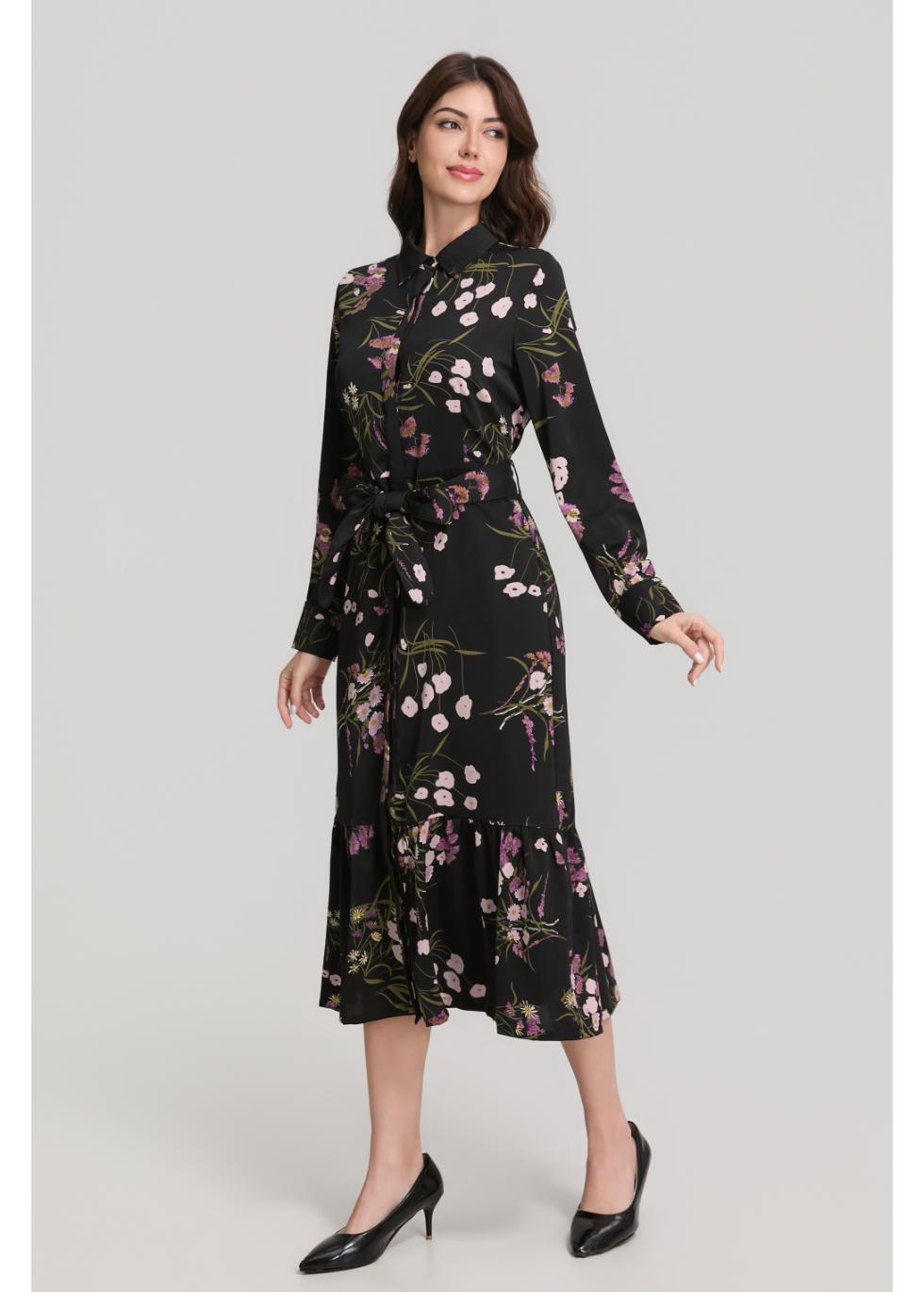 Floral Print Long Sleeve Shirt Dress with Matching Belt