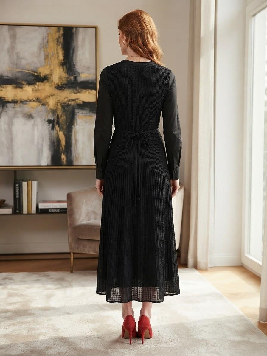 Black Micro-Pleated Long Sleeve Midi Dress | Fully Lined Modest Belted Dress