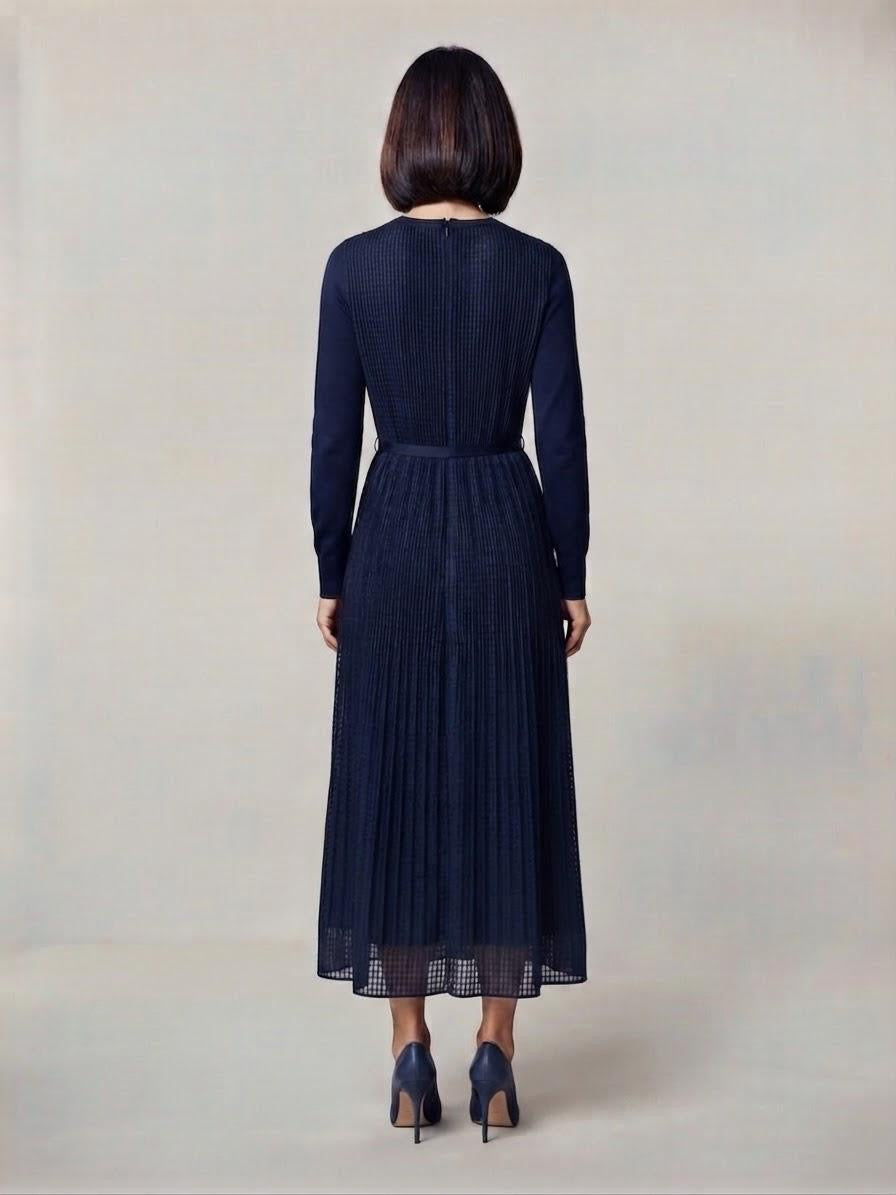 Dark Navy Micro-Pleated Poly Long Sleeve Midi Dress | Fully Lined (50" HPS)