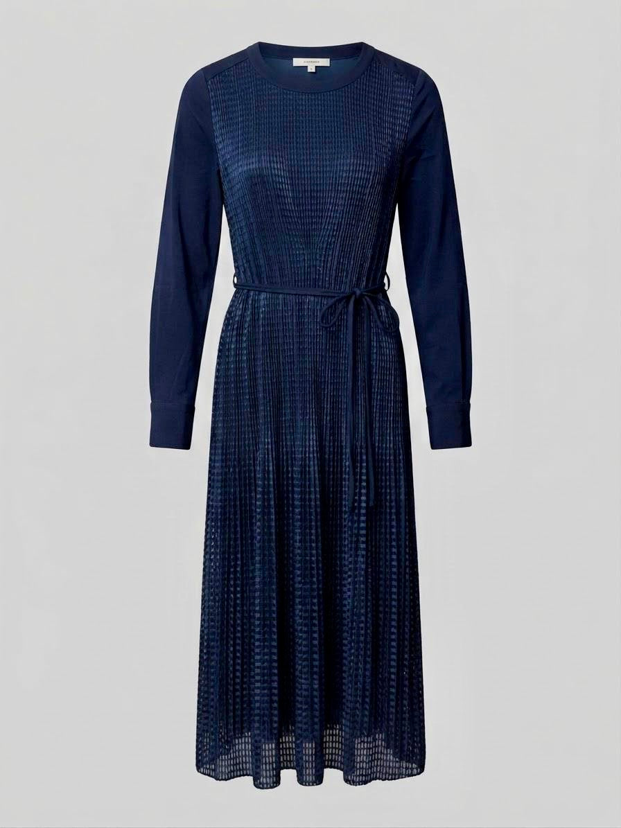 Dark Navy Micro-Pleated Poly Long Sleeve Midi Dress | Fully Lined (50" HPS)