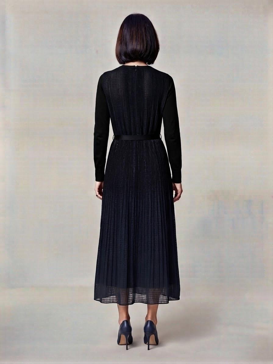 Dark Navy Micro-Pleated Poly Long Sleeve Midi Dress | Fully Lined (50" HPS)