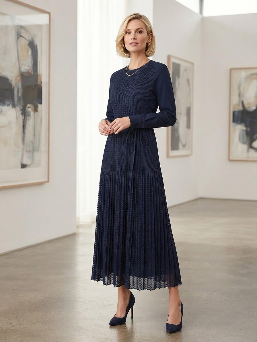 Dark Navy Micro-Pleated Poly Long Sleeve Midi Dress | Fully Lined (50" HPS)