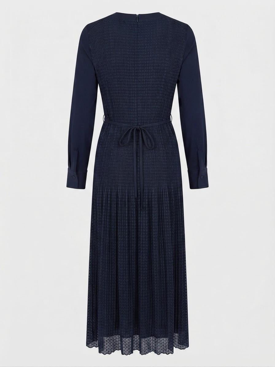 Dark Navy Micro-Pleated Poly Long Sleeve Midi Dress | Fully Lined (50" HPS)