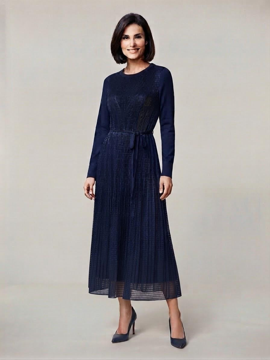 Dark Navy Micro-Pleated Poly Long Sleeve Midi Dress | Fully Lined (50" HPS)