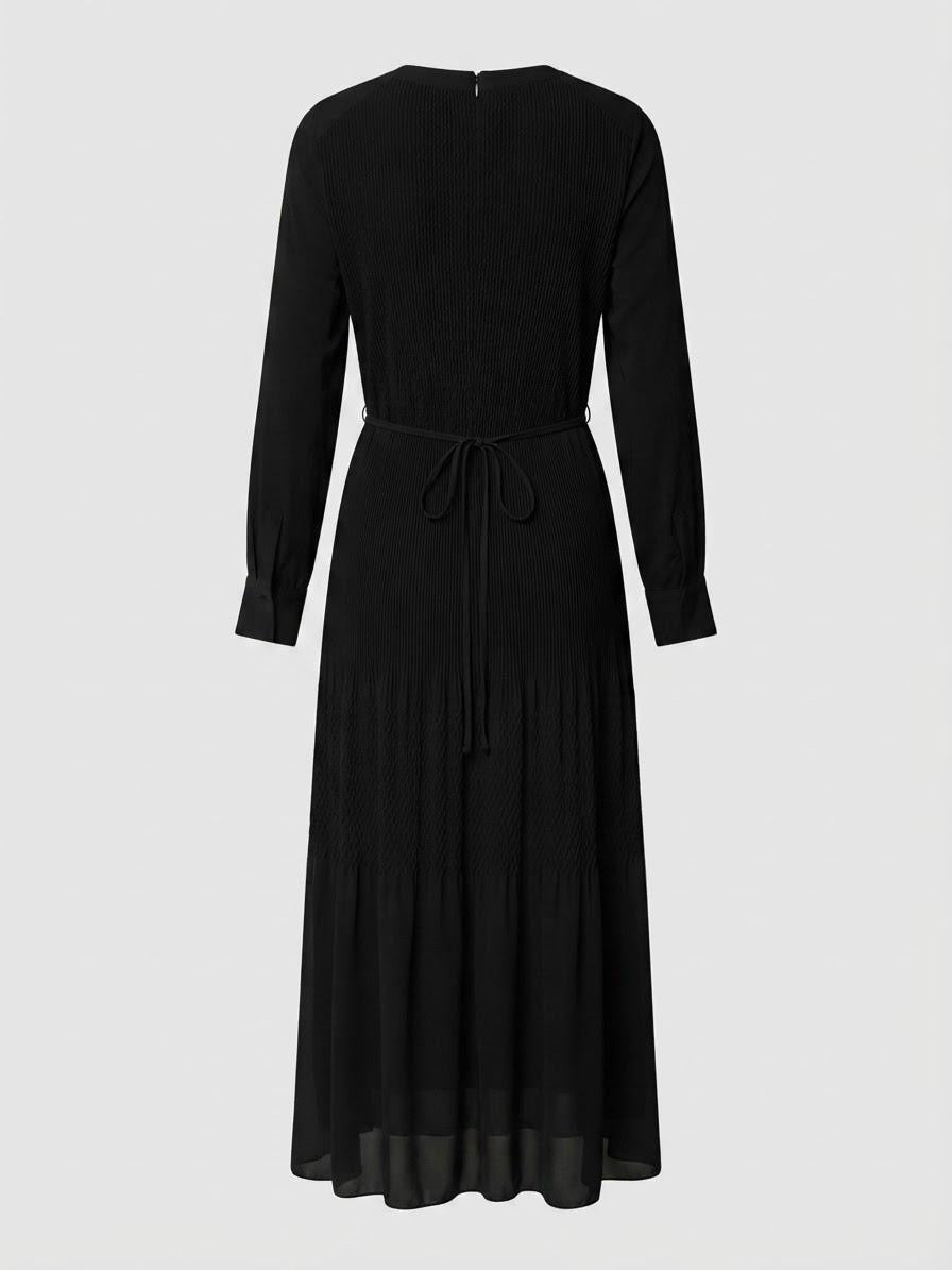 Black Poly Chiffon Micro-Pleated Midi Dress | Fully Lined Modest Belted Dress
