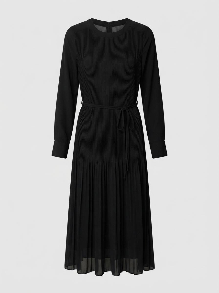 Black Poly Chiffon Micro-Pleated Midi Dress | Fully Lined Modest Belted Dress