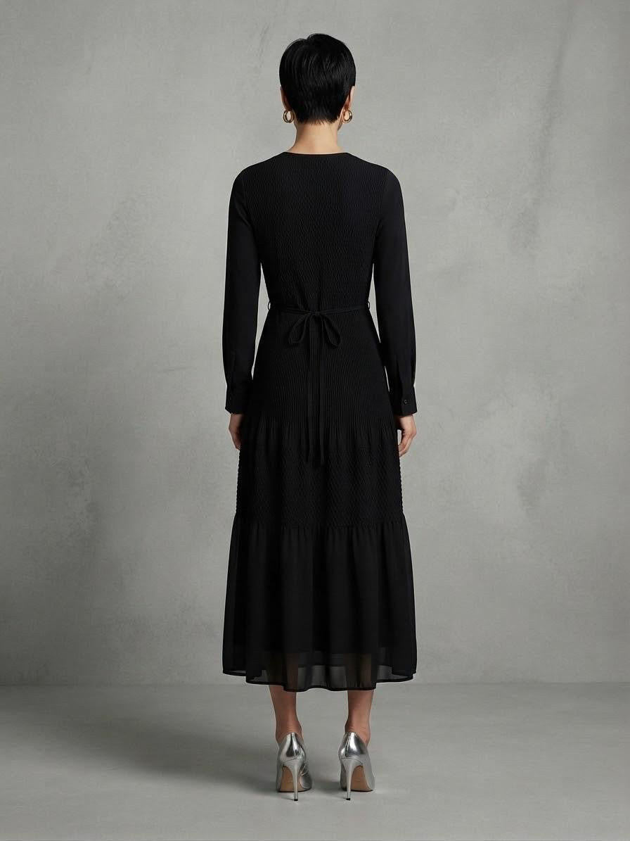 Black Poly Chiffon Micro-Pleated Midi Dress | Fully Lined Modest Belted Dress