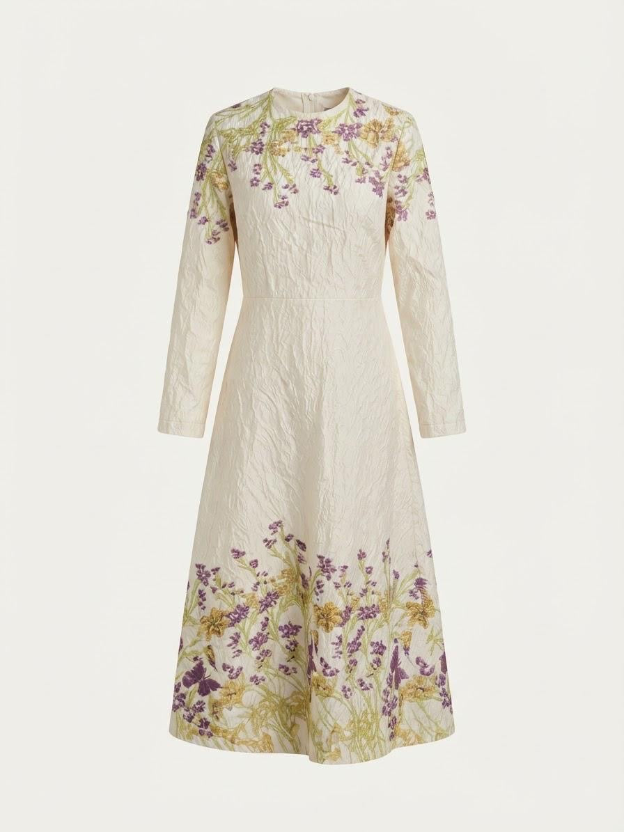 Beige Textured Floral Long Sleeve A-Line Dress