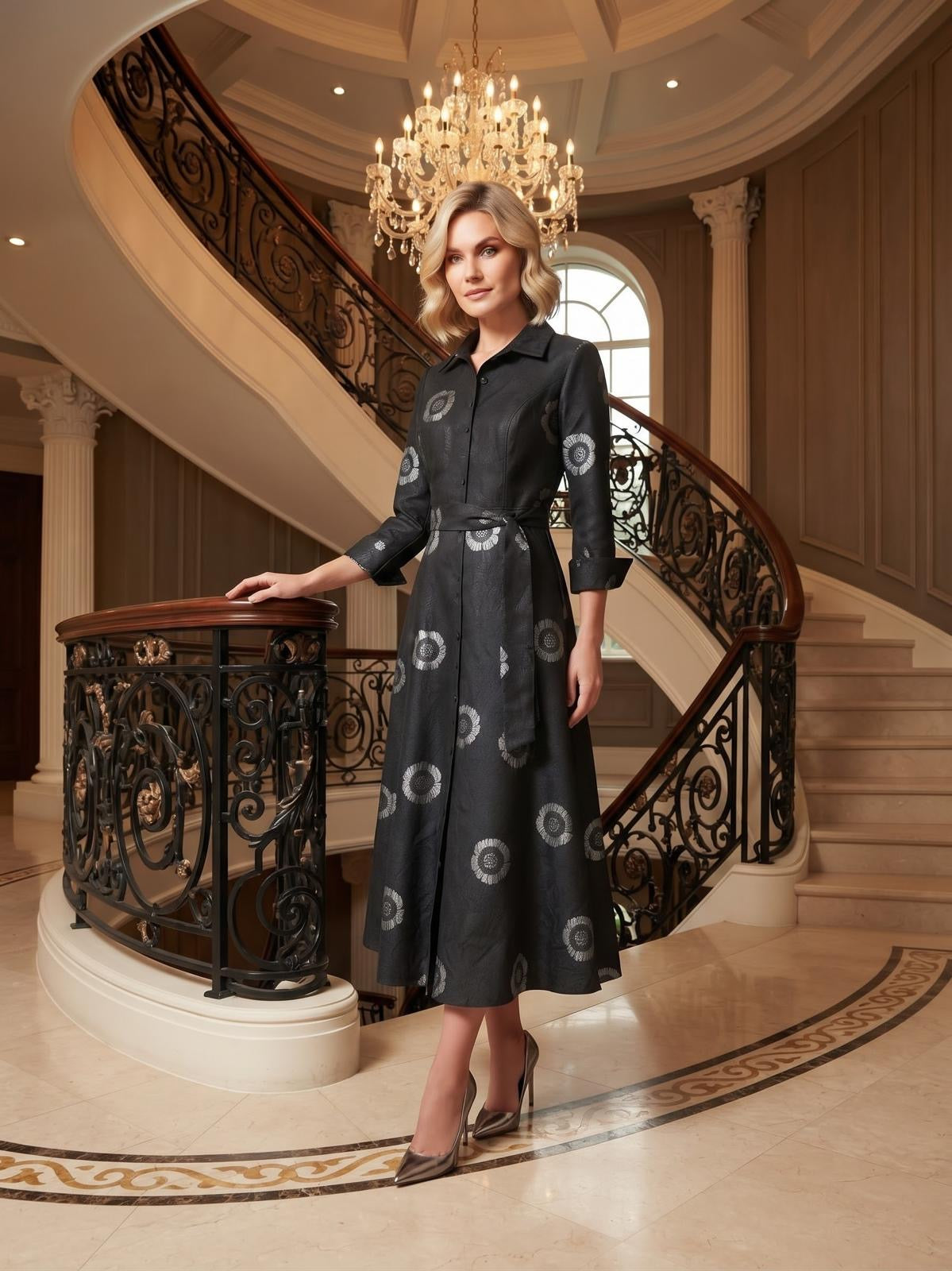 Miss Finch NYC Black & Silver Floral Jacquard Shirt Midi Dress