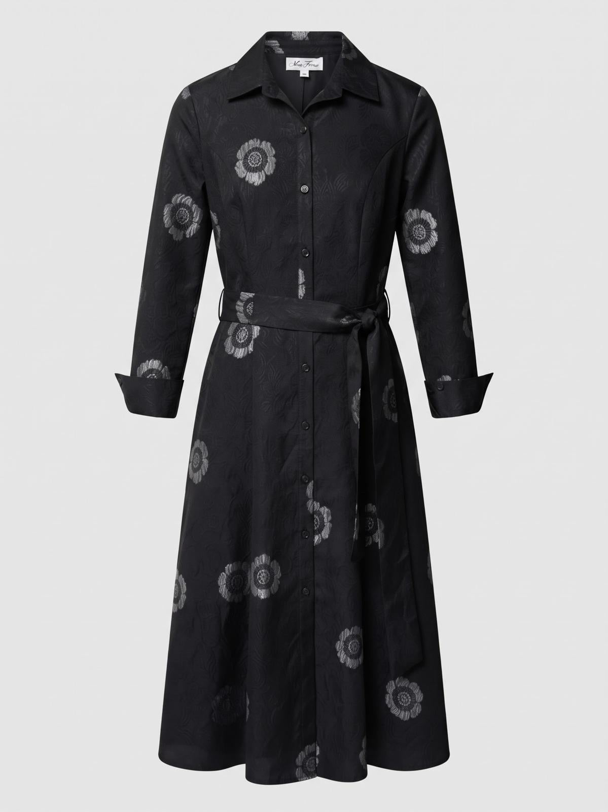 Miss Finch NYC Black & Silver Floral Jacquard Shirt Midi Dress