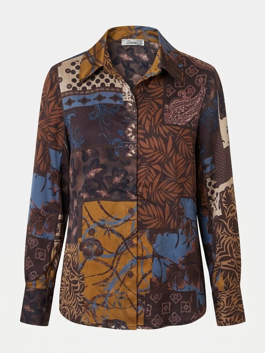 Made in Italy Women's Brown Floral Patchwork Satin Blouse