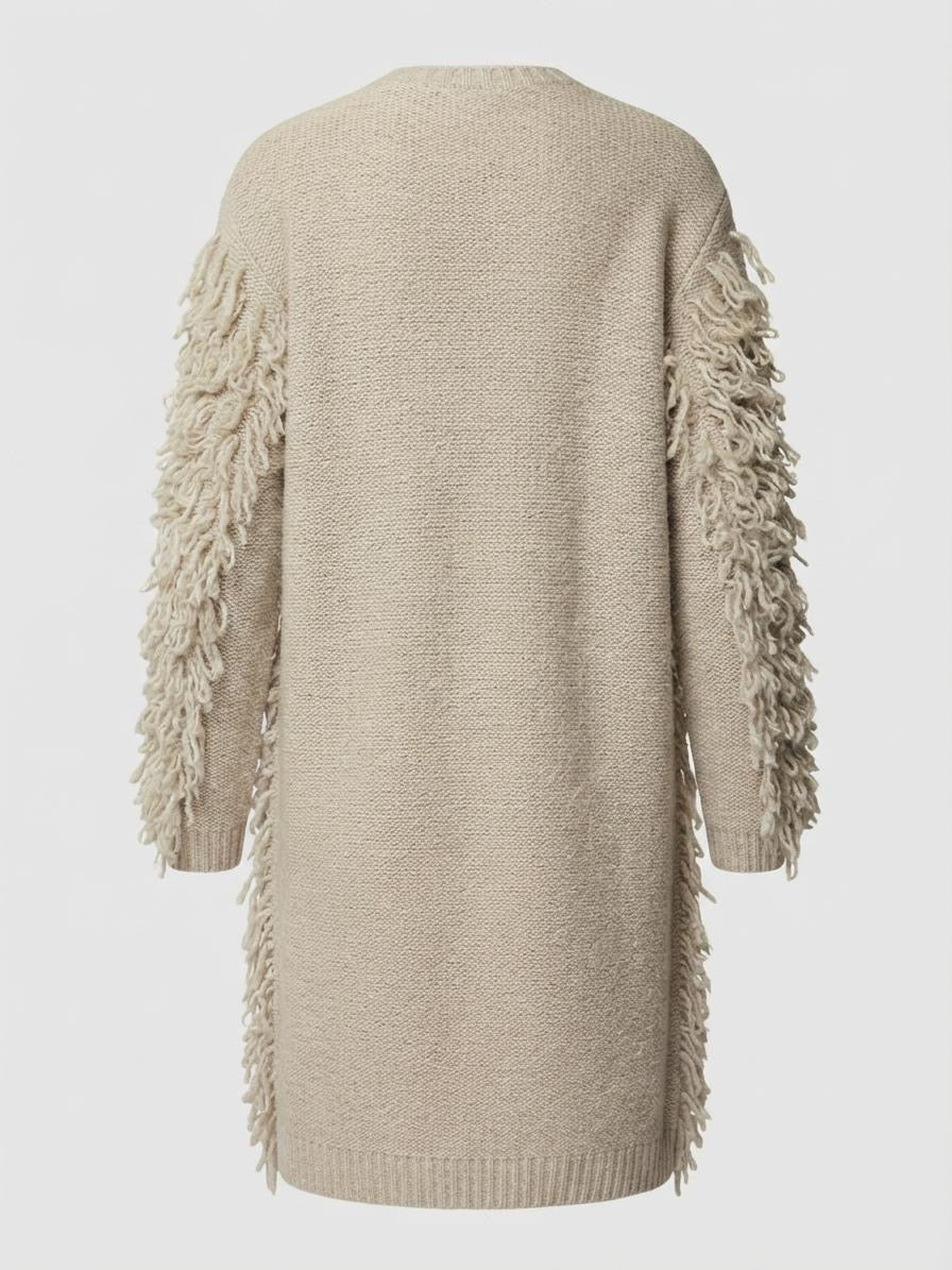 Made in Italy Fringe Duster Cardigan | Beige Wool Blend Shag Knit Sweater Coat