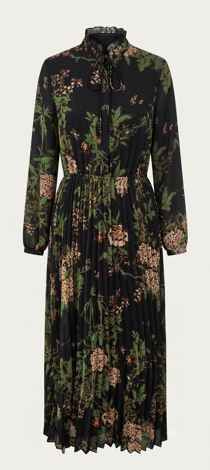 Elegant Dark Floral Chiffon Dress with Pleated Skirt