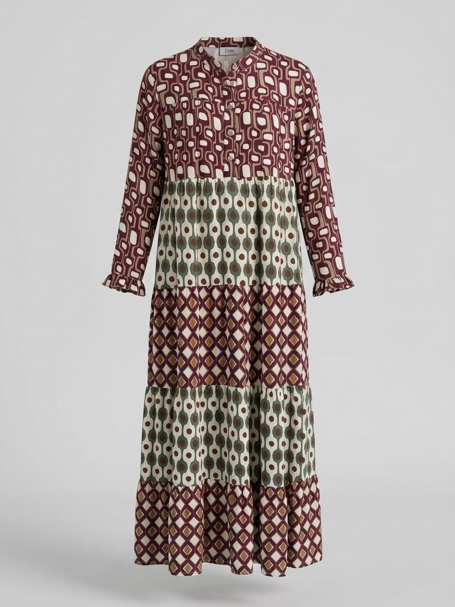 Made in Italy Burgundy & Olive Geometric Viscose Satin Maxi Dress (55")