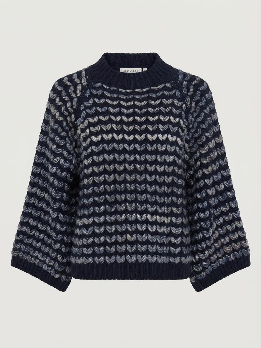 Made in Italy Oversized Wool Blend Knit Sweater | Navy & Denim Grey Chevron Pullover