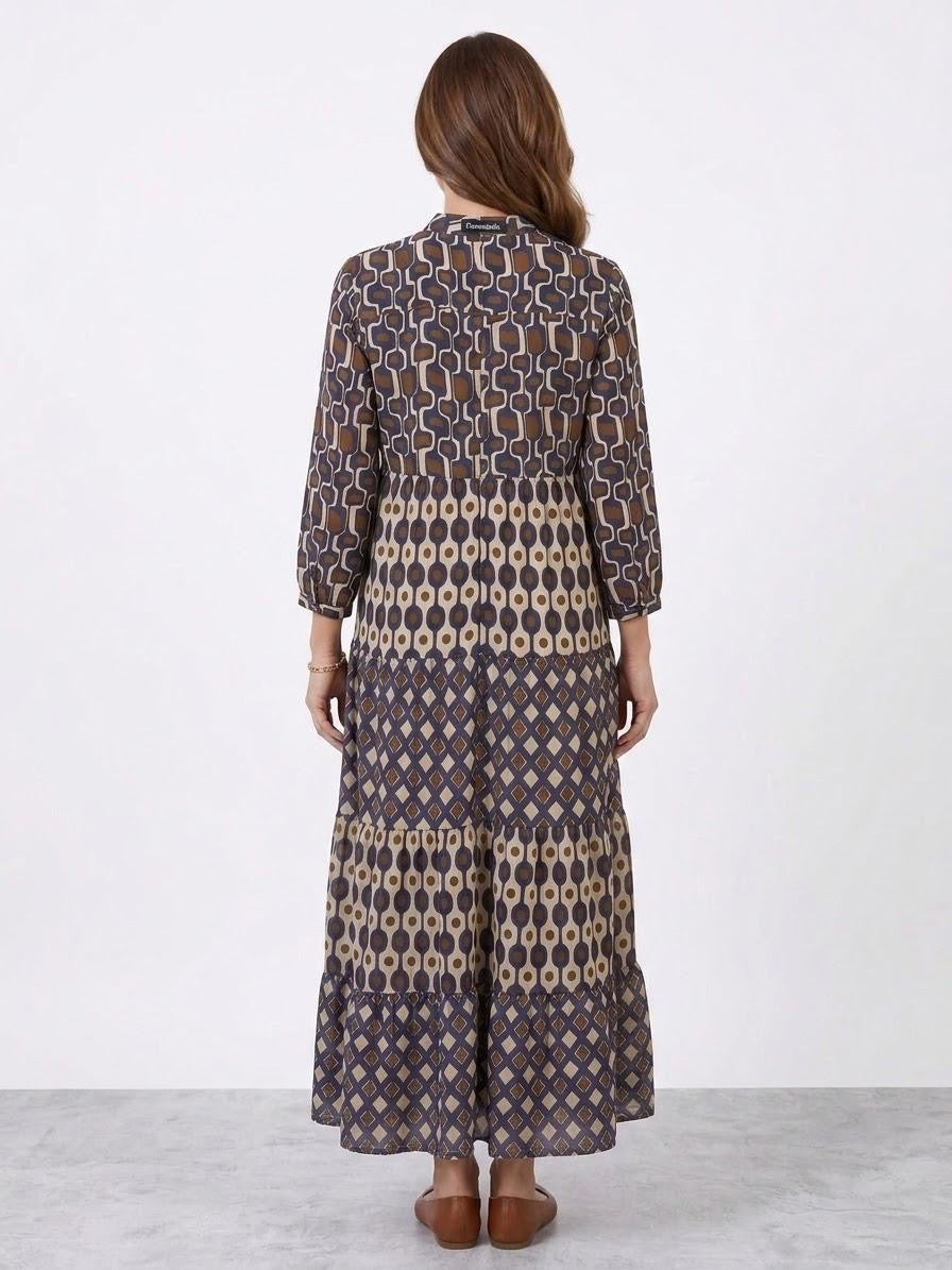 Made in Italy Navy Brown Geometric Viscose Satin Tiered Maxi Dress (55")