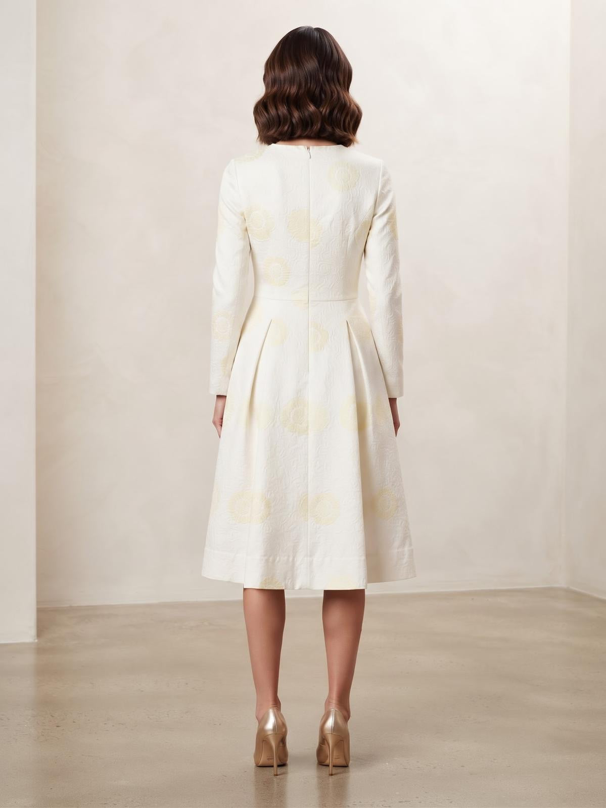 Miss Finch NYC Ivory Floral Jacquard Pleated Midi Dress