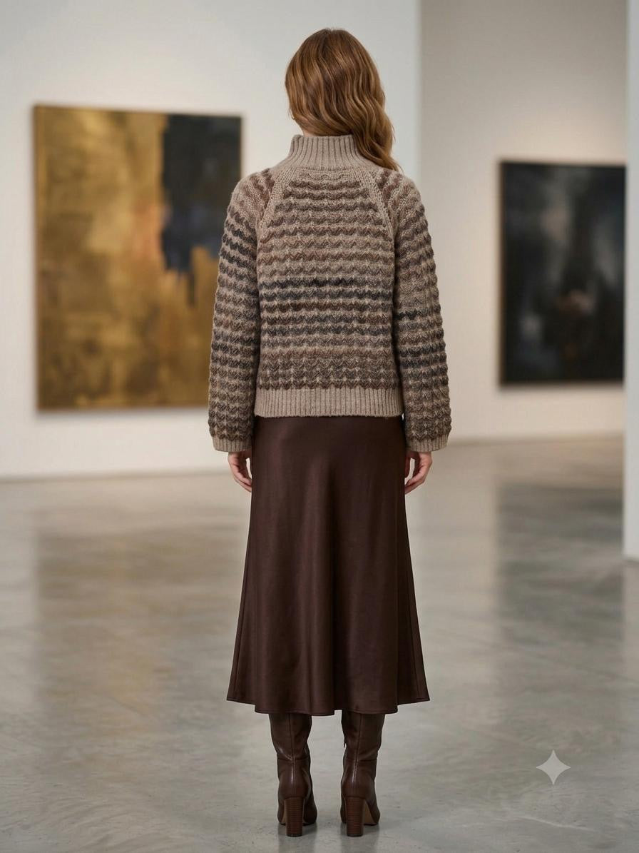 Made in Italy Beige Chevron Knit Sweater with Wide Oversized Sleeves | Wool & Acrylic