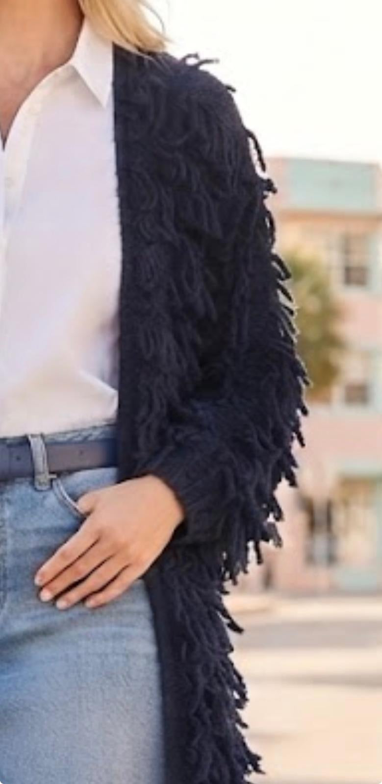Made in Italy Fringe Duster Cardigan | Dark Navy Wool Blend Shag Knit Sweater Coat