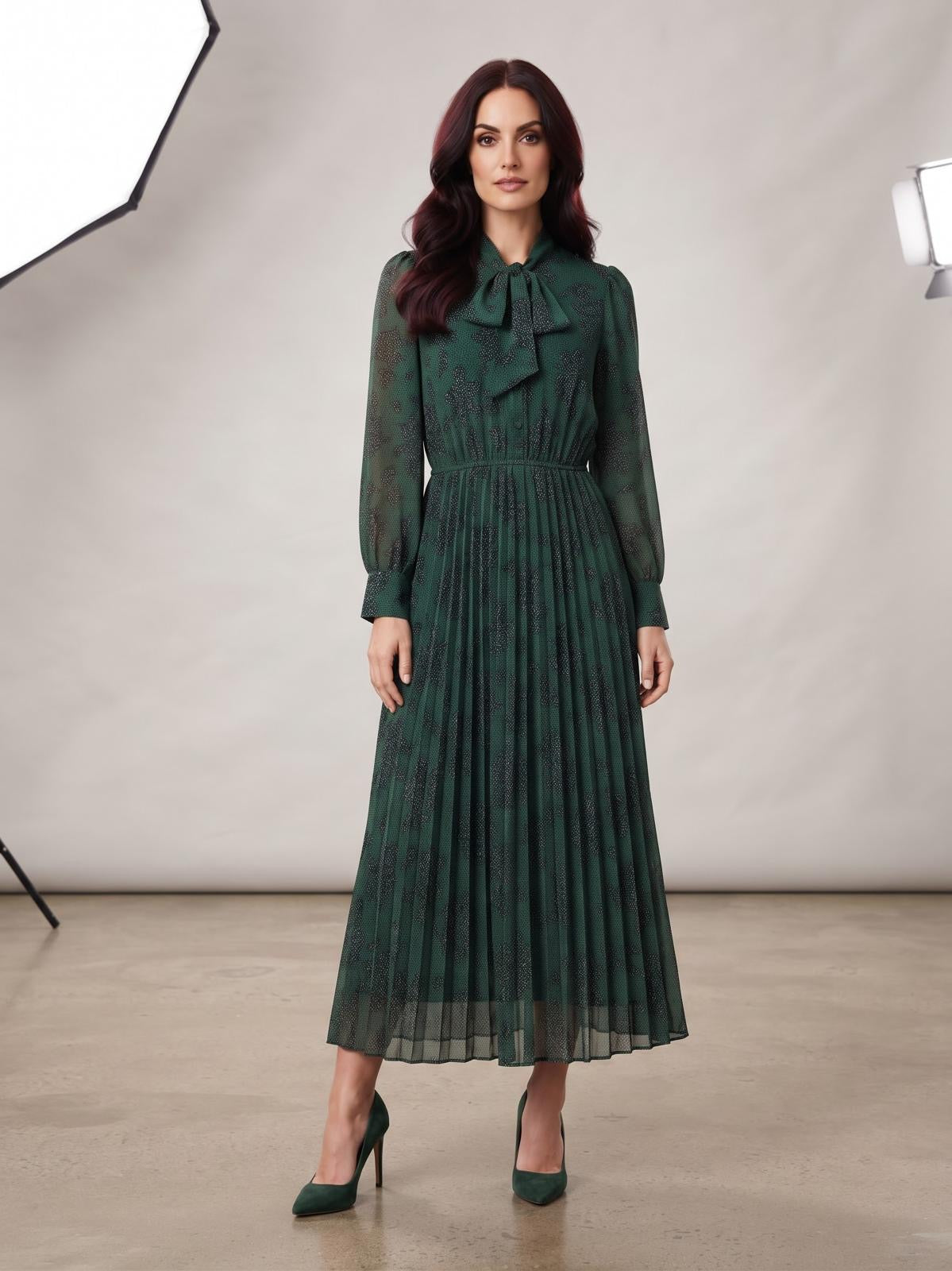 Miss Finch NYC Emerald Bow-Neck Pleated Midi Dress