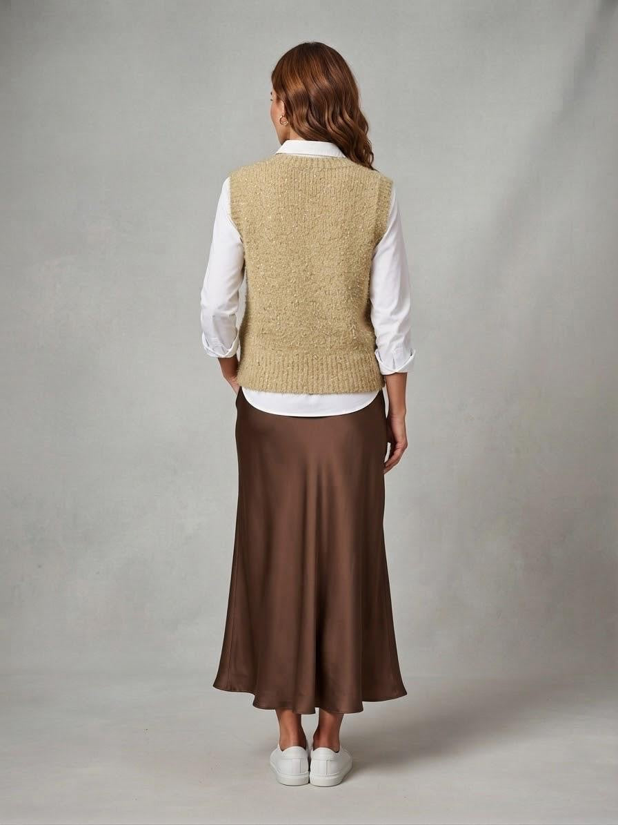 Made in Italy Knit Sweater Vest | Beige Metallic Gold Shimmer V-Neck Tank