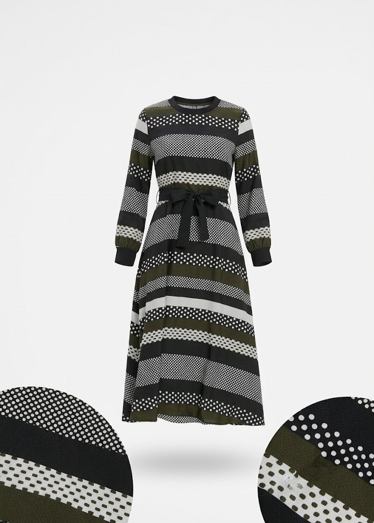 Striped & Polka Dot Belted Midi Dress - Black, Olive Green & White