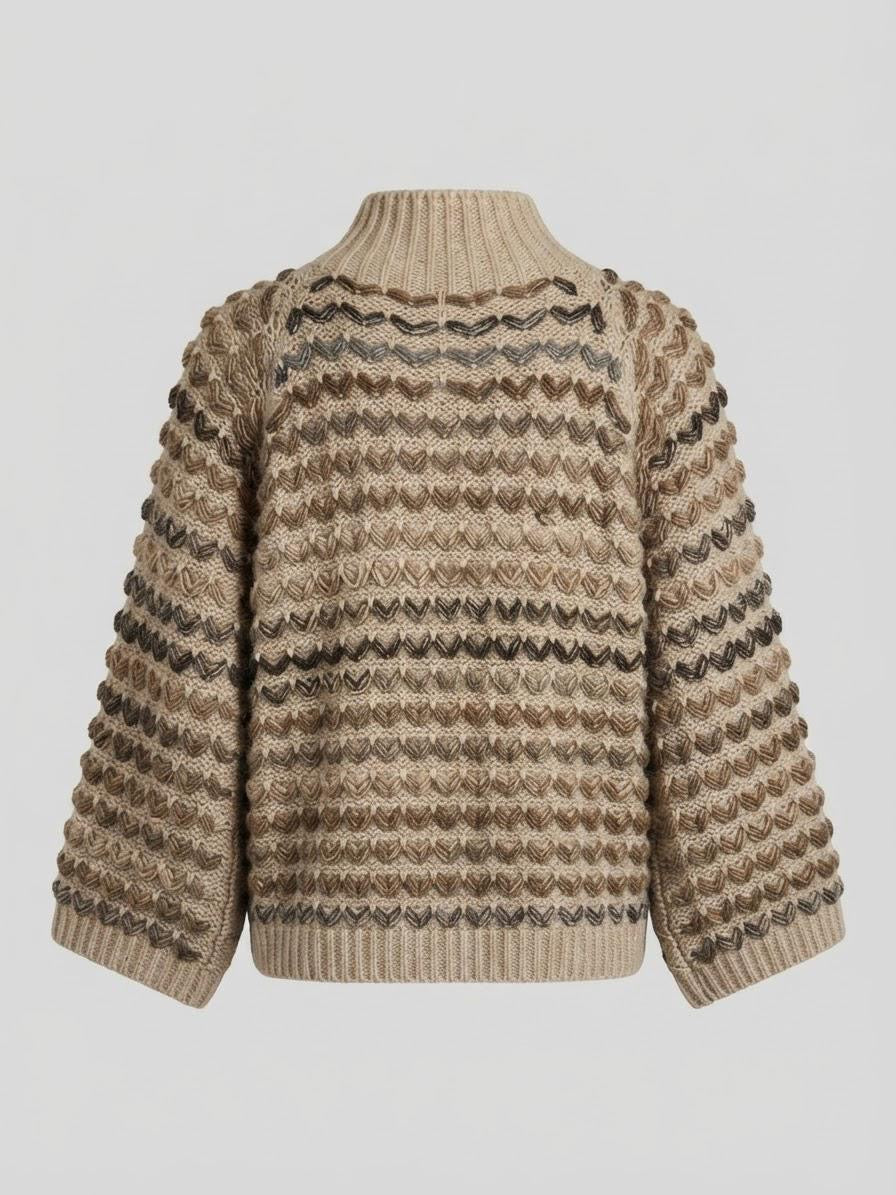 Made in Italy Beige Chevron Knit Sweater with Wide Oversized Sleeves | Wool & Acrylic