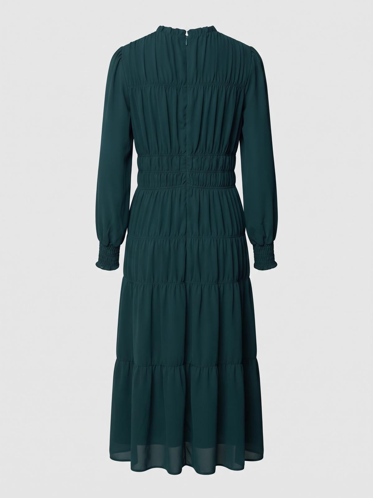 Miss Finch NYC Smocked Ruffle-Neck Tiered Midi Dress