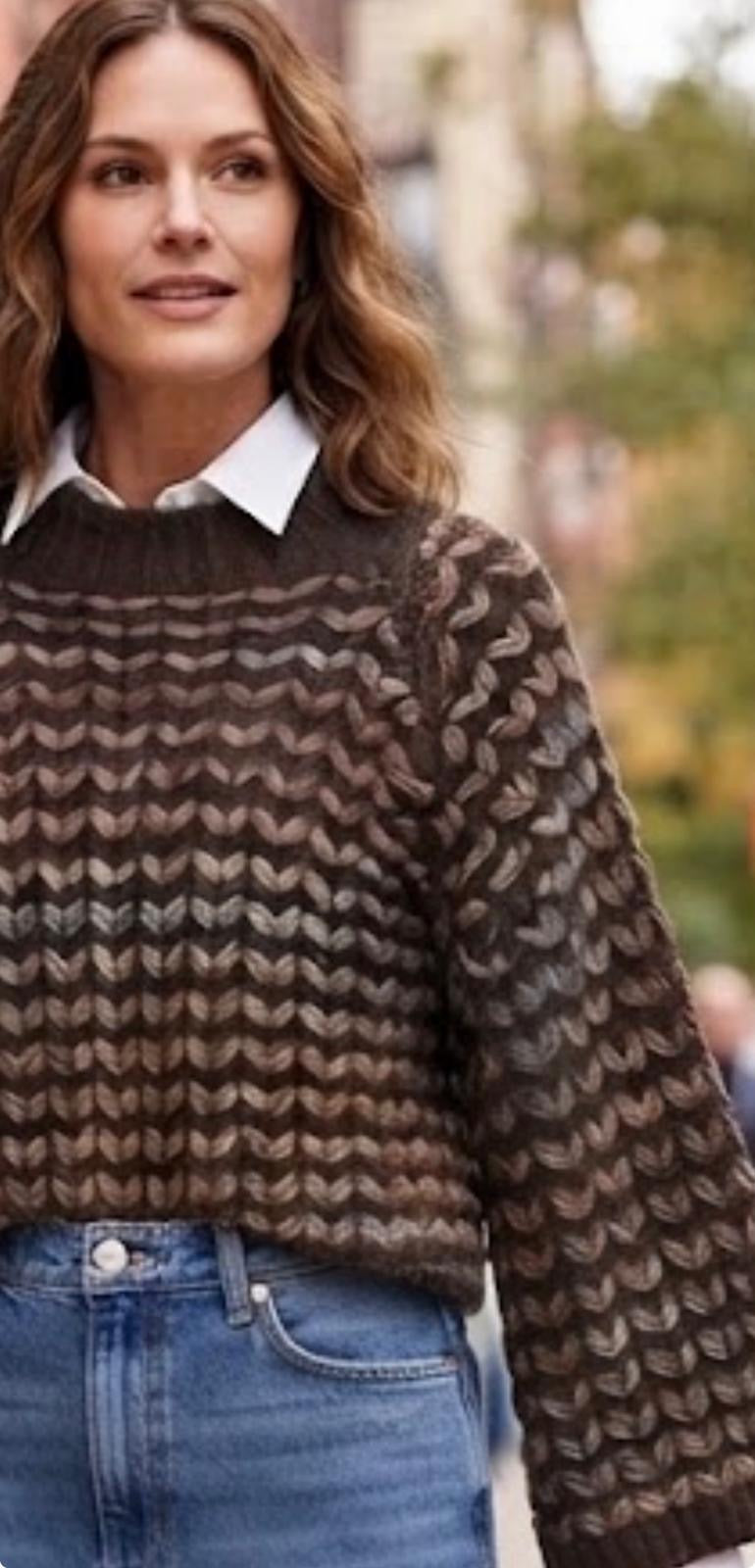 Italian Wool Blend Textured Knit Sweater – Dark Brown Mud Chevron Oversized Pullover