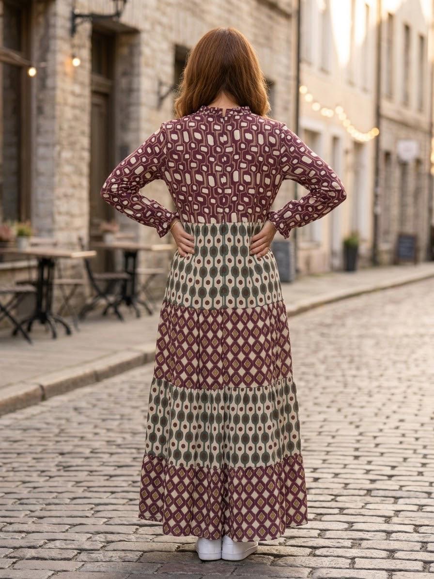 Made in Italy Burgundy & Olive Geometric Viscose Satin Maxi Dress (55")