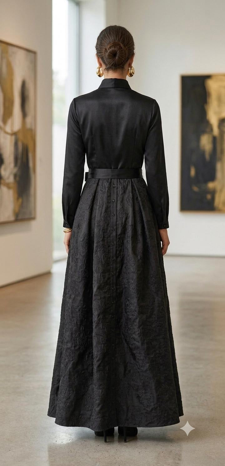 Elegant Black Bow-Neck Maxi Gown with Tie Waist
