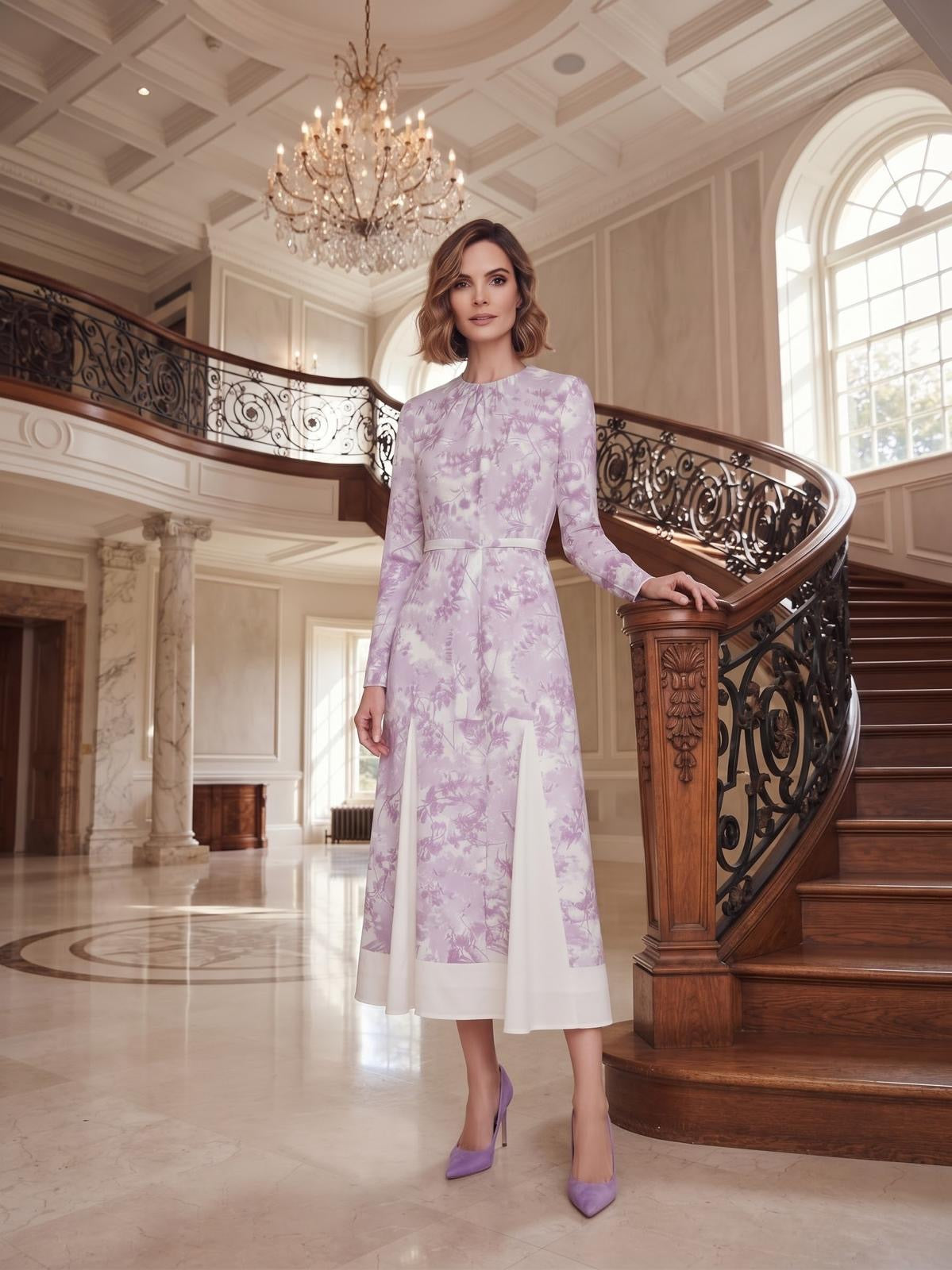 Miss Finch NYC Lavender Floral Print Midi Dress with Contrast Hem