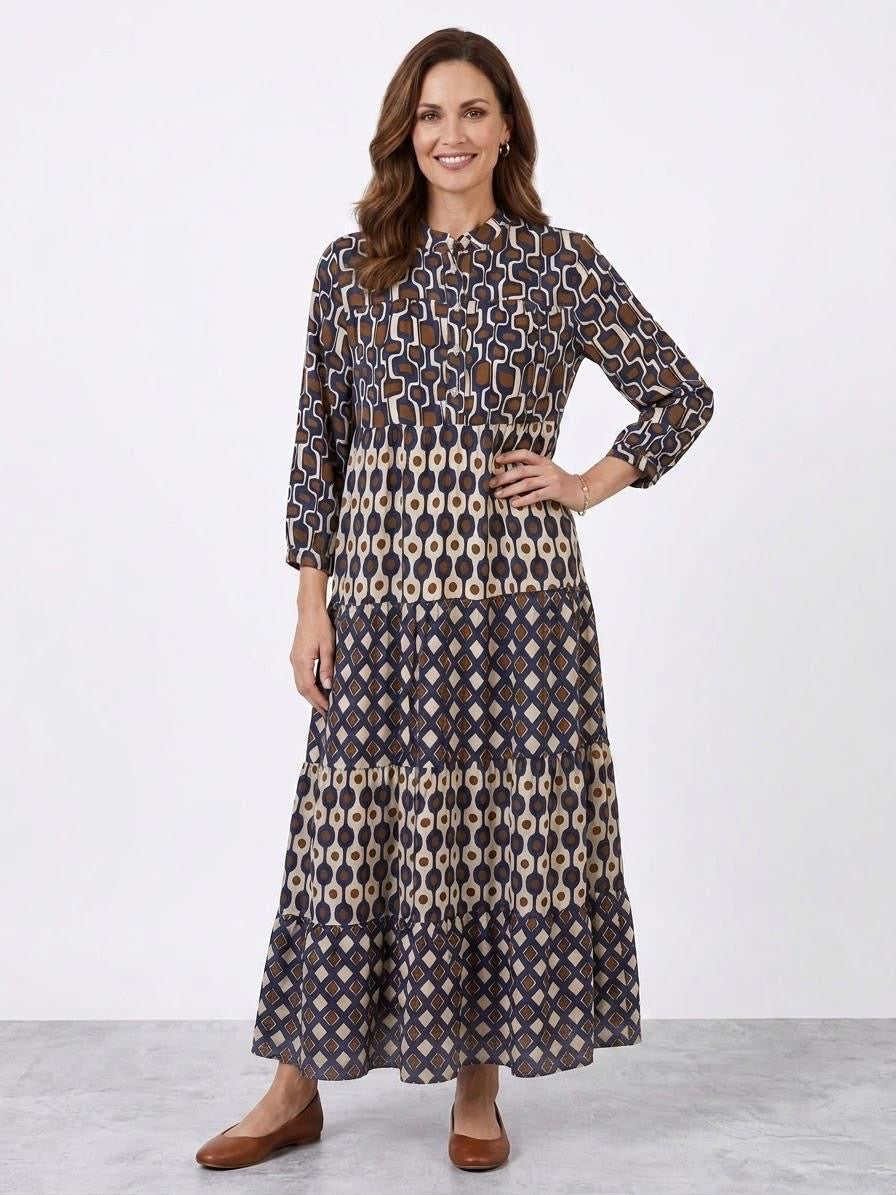 Made in Italy Navy Brown Geometric Viscose Satin Tiered Maxi Dress (55")