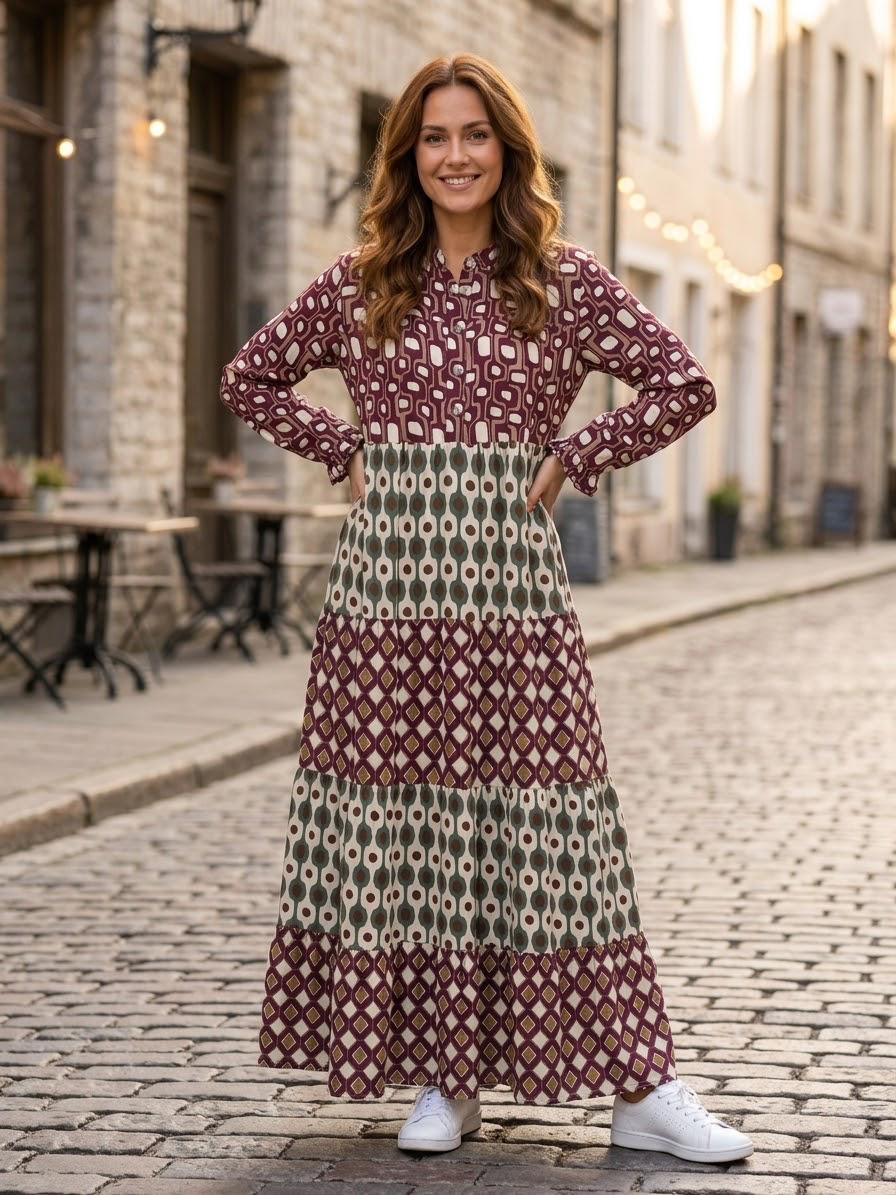 Made in Italy Burgundy & Olive Geometric Viscose Satin Maxi Dress (55")