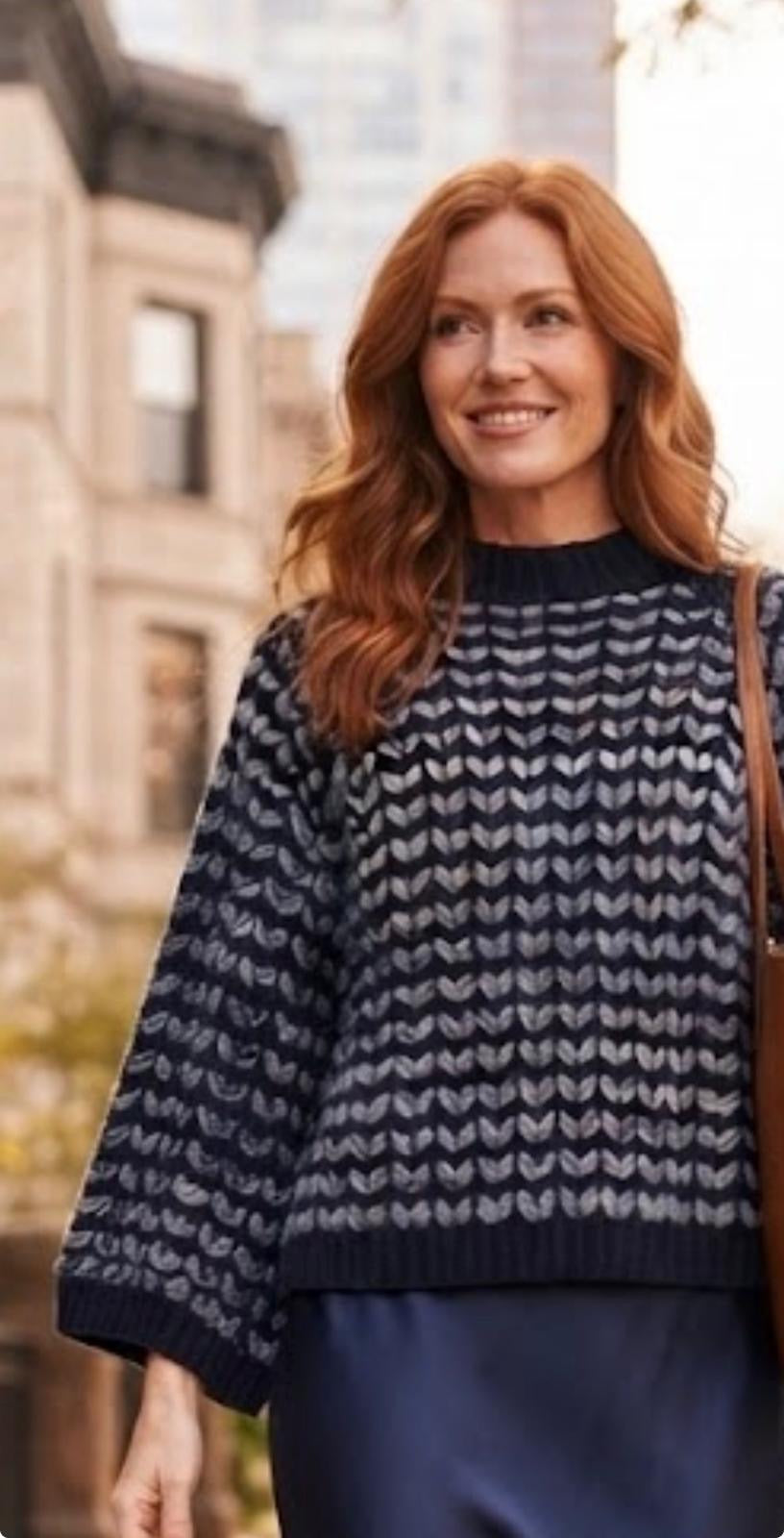 Made in Italy Oversized Wool Blend Knit Sweater | Navy & Denim Grey Chevron Pullover