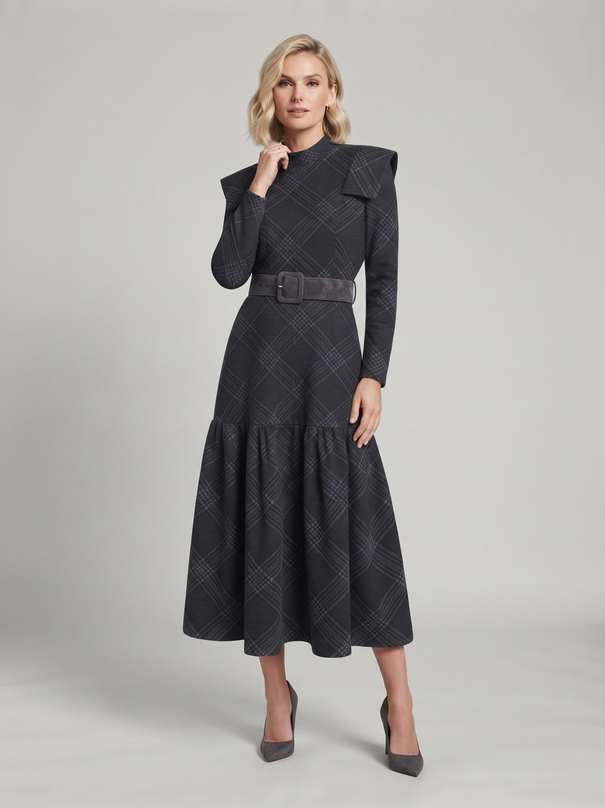 Miss Finch NYC Mock Neck Plaid Knit Midi Dress with Ruffle Details