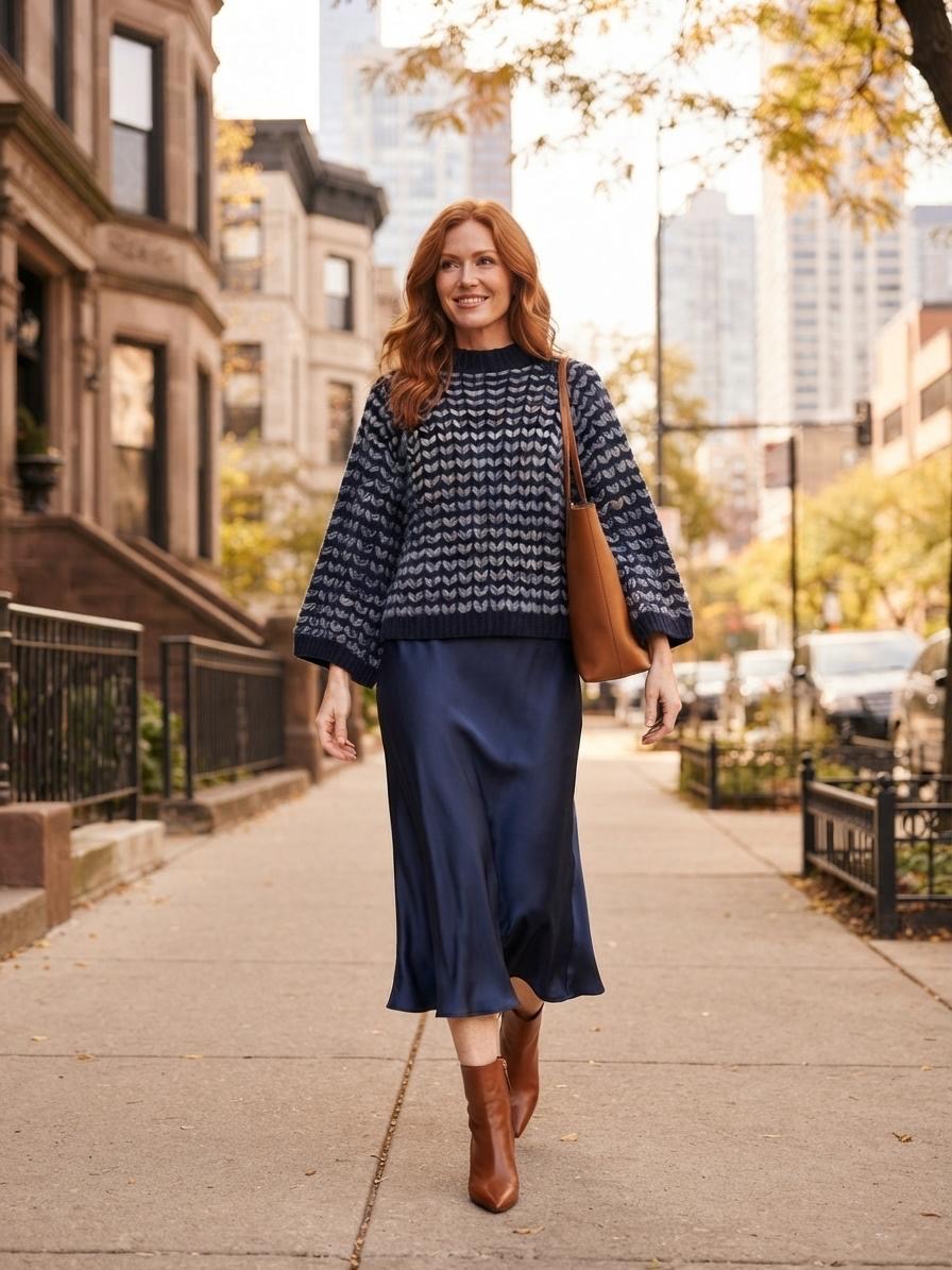 Made in Italy Oversized Wool Blend Knit Sweater | Navy & Denim Grey Chevron Pullover