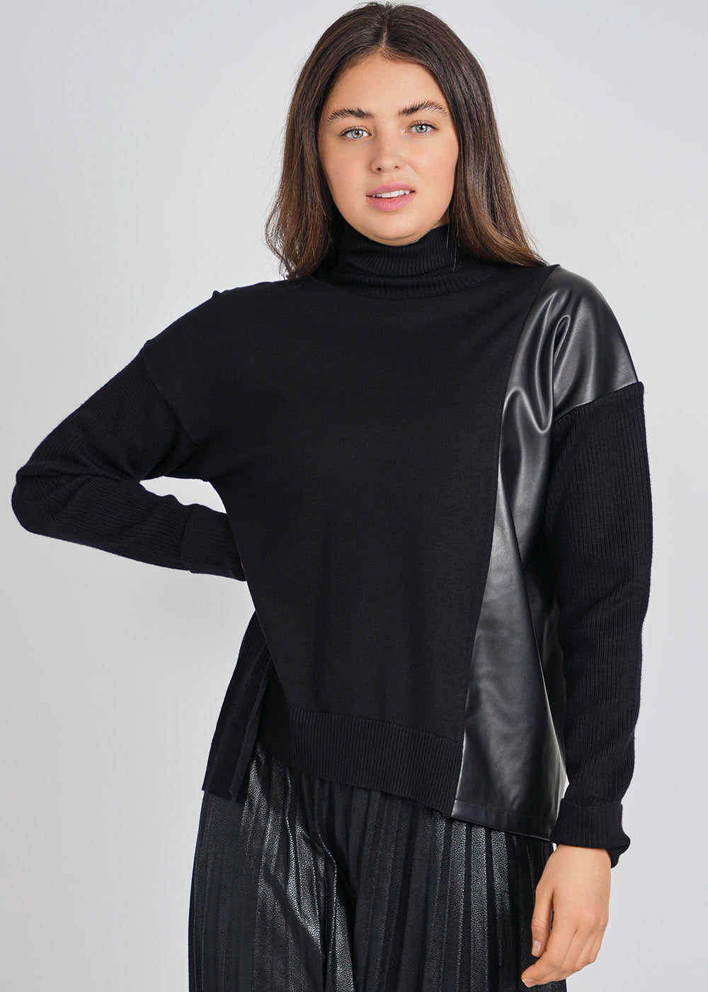 Black Sweater with Side Leather Flair