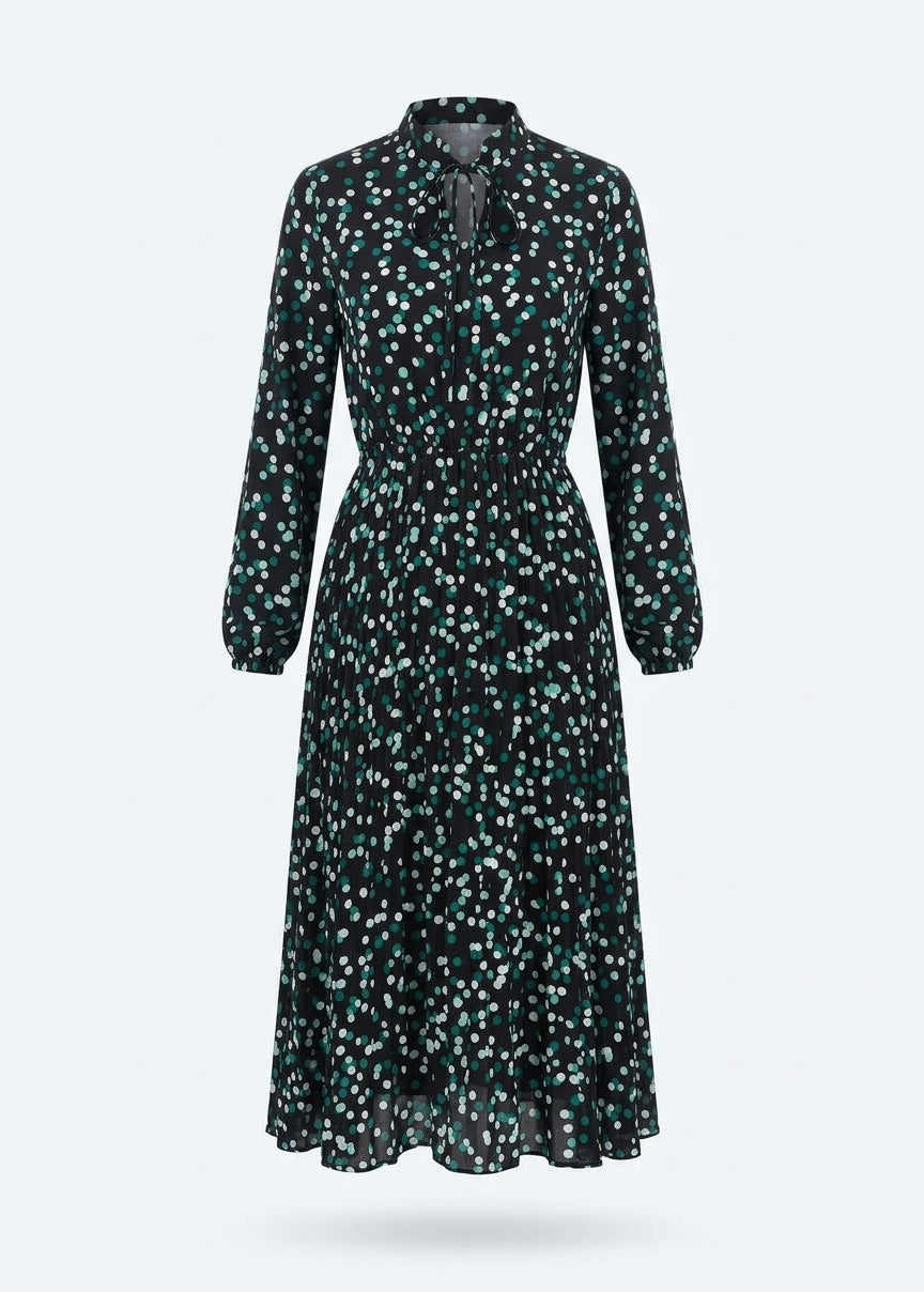 Speckled Polka Dot Pleated Midi Dress - Black, Teal & Mint
