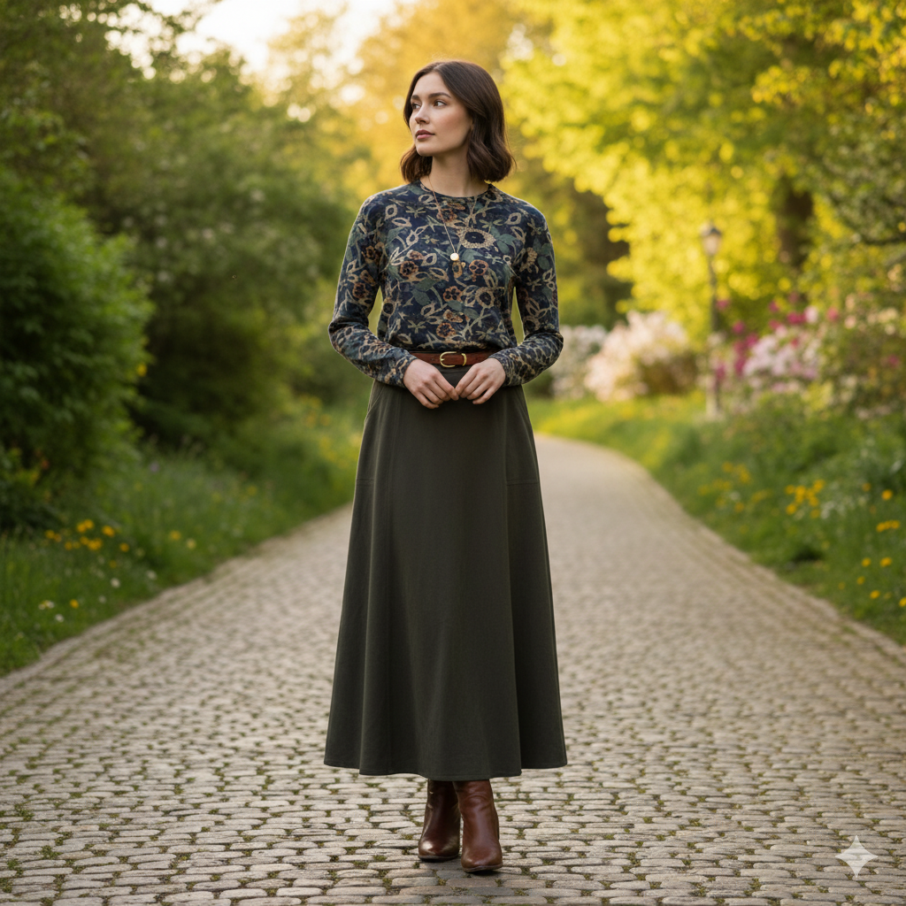 Navy Olive Baroque Print Top