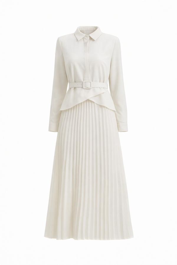 Ivory Paris pleated midi dress by MissFinchNYC, featuring elegant pleats and a flowing silhouette, displayed on a hanger.