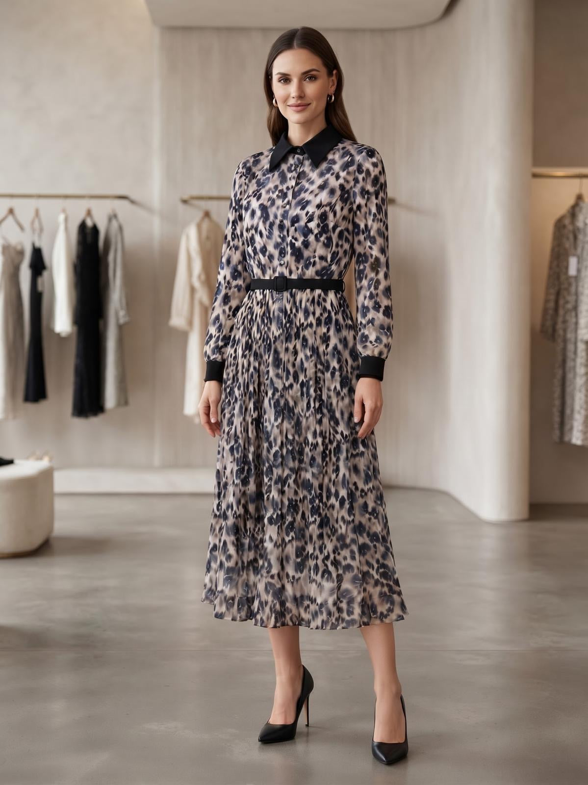 Miss Finch NYC Contrast Collar Animal Print Chiffon Midi Dress