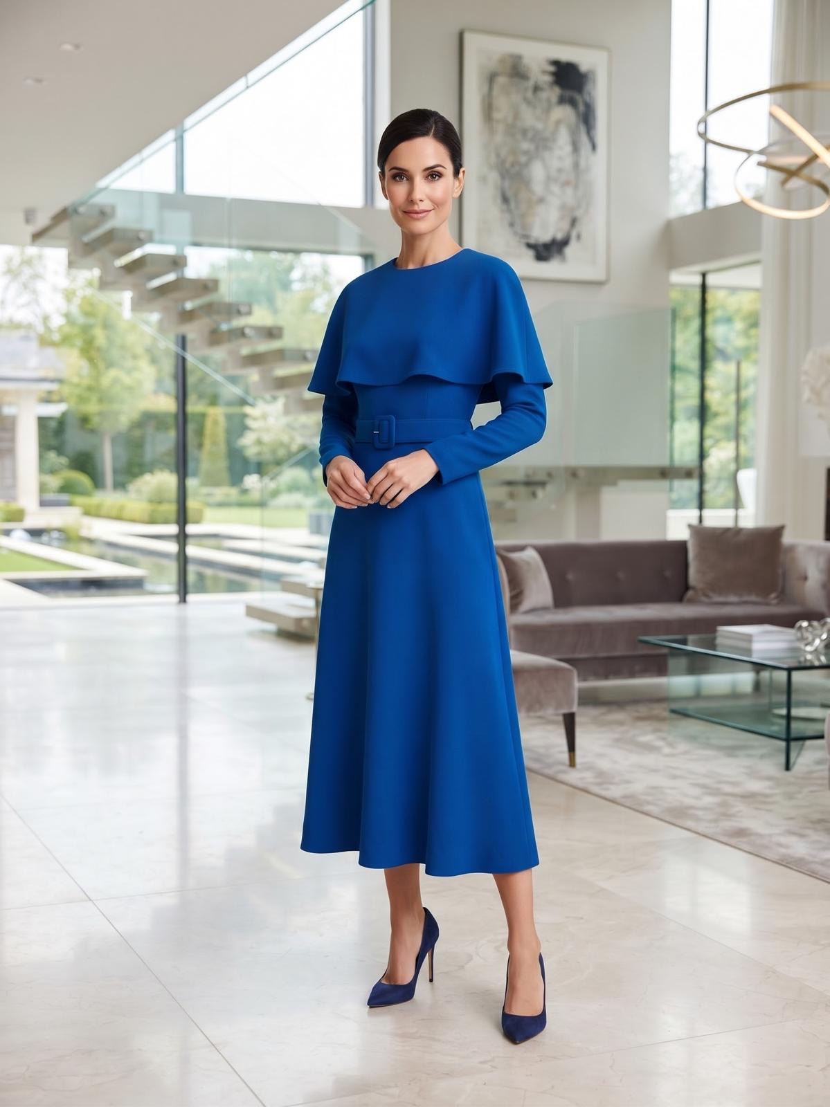 Miss Finch NYC Capelet Midi Dress with Matching Belt in Royal Blue